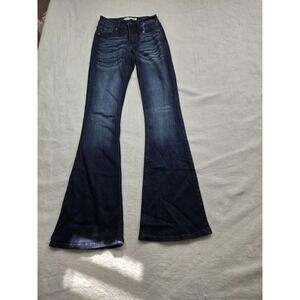 KanCan Flared Jeans Juniors 1/24 Dark Blue Mid Rise Stretch Denim Whiskered Fade